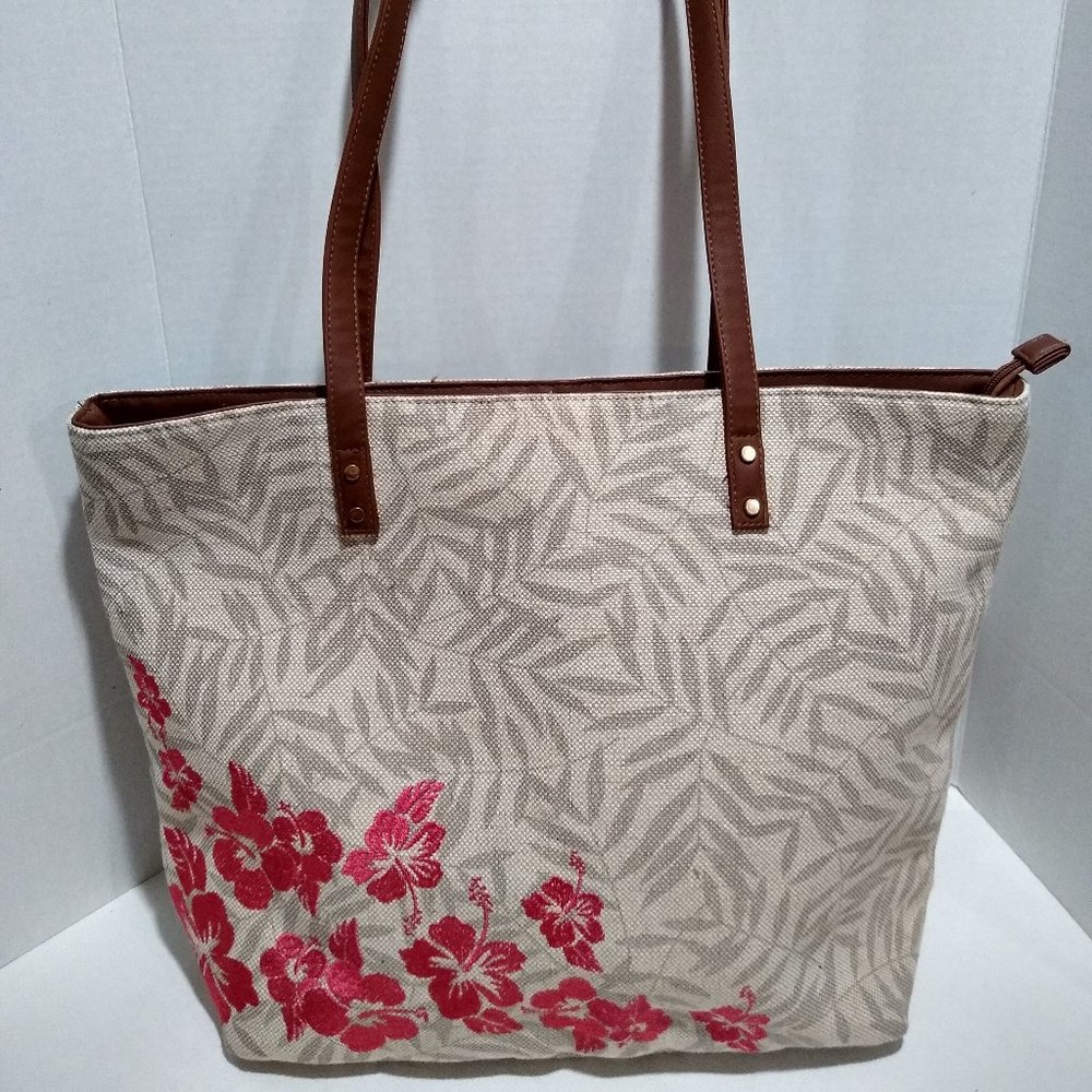 No Name Tan & Pink  Large Jute Tote Bag